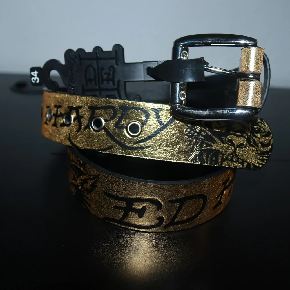 NWT Ed Hardy Unisex Graphic Y2K Belt Gold Black Gold-Tone Size 34